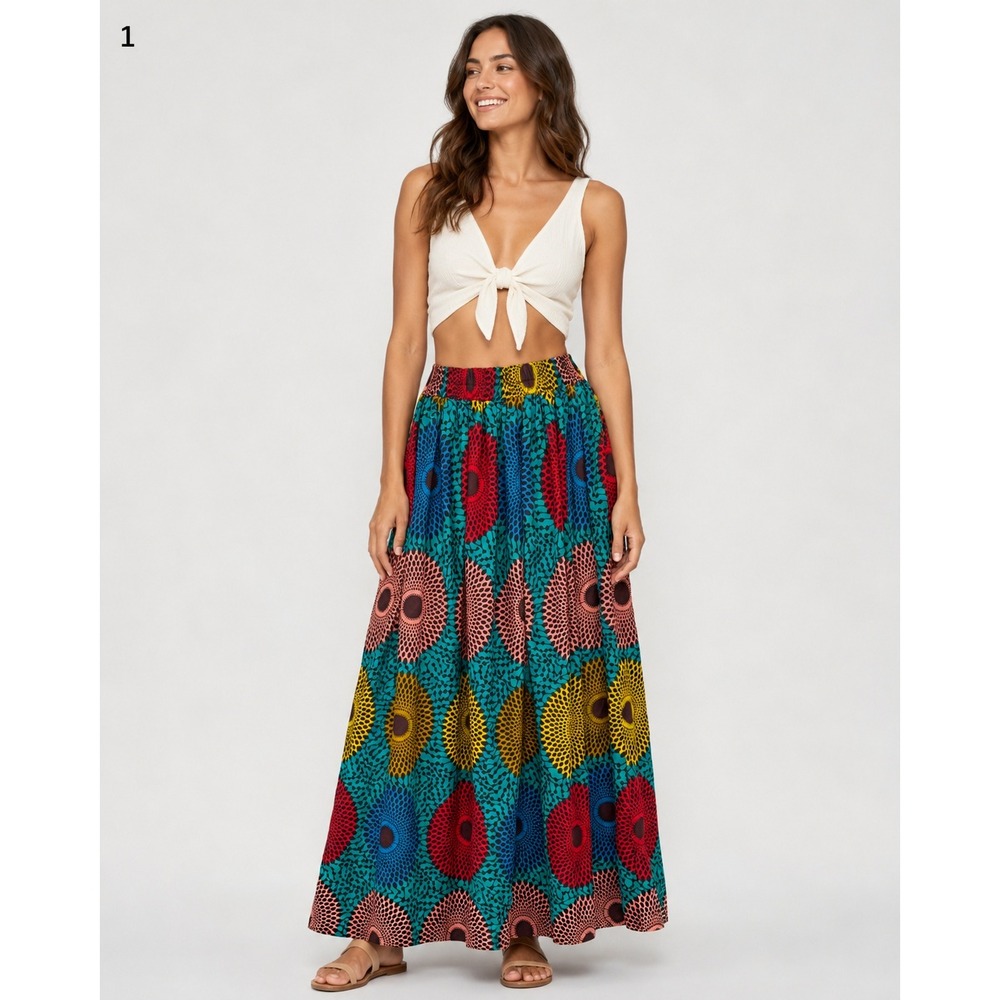 Shenbolen African Print Wax Fabric Maxi Skirt Multicolor Geometric Circles M